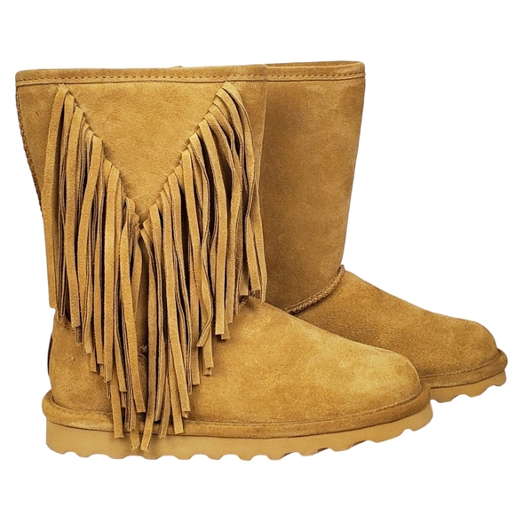New Bearpaw Cherilyn suede fringe winter boots iced coffee wool blend fur pull - Picture 7 of 16